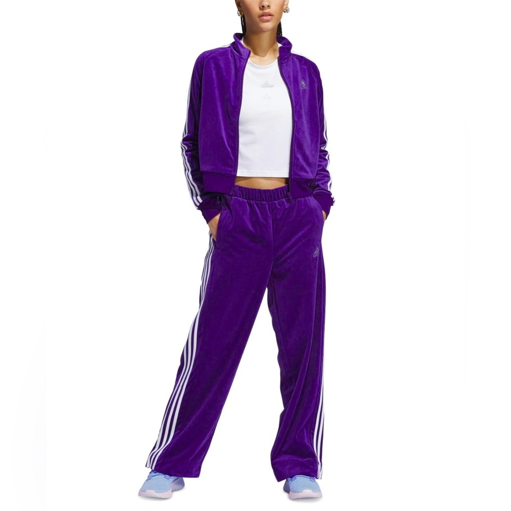 ADIDAS Bling Thick Velour Royal Purple Y2K Glam Wide-leg Pants - Picture 3 of 10